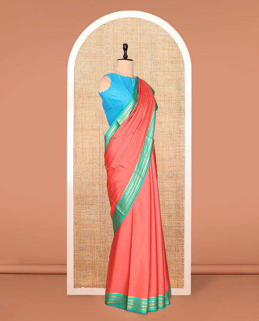 Dark Peach Plain Mysore Silk Saree, Complemented by a Contrast Traditional Zari Border, Zari Design Pallu, and a Contrast Blouse