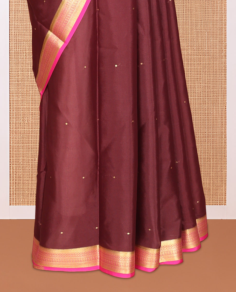 Brown Zari Buttas Mysore Silk Saree, Complemented by a Contrast Traditional Zari Border, Zari Design Pallu, and a Contrast Blouse