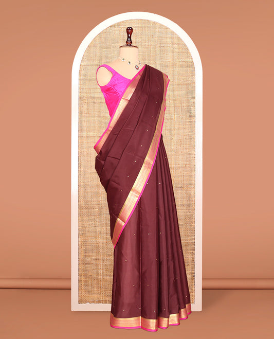 Brown Zari Buttas Mysore Silk Saree, Complemented by a Contrast Traditional Zari Border, Zari Design Pallu, and a Contrast Blouse