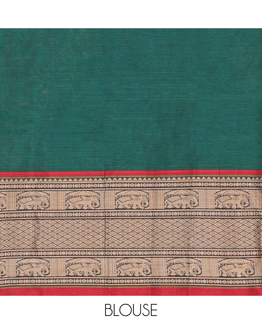 Bottle green cotton half saree with contrast intricate zari design border, zari design blouse & temple, elephant design dhavani