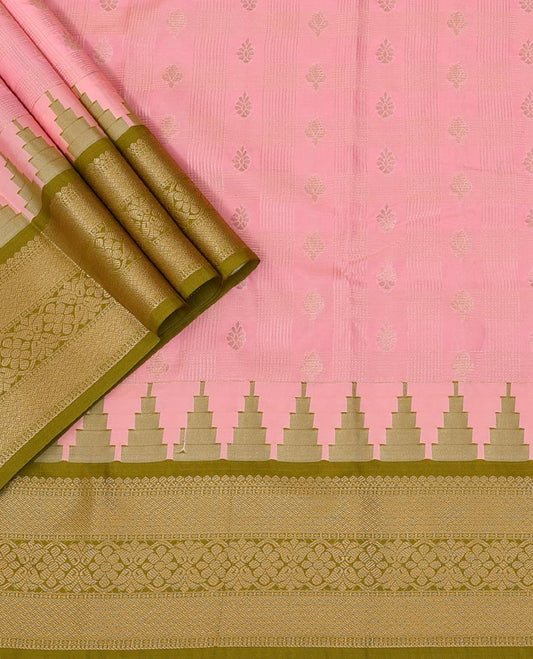 Pink Art Silk Pavadai Material Set, Bedecked with Zari Buttas Enclosed Checks All Over the Skirt, Complemented by a Contrast Temple Traditional Zari Design Border, and Paired with a Contrast Blouse