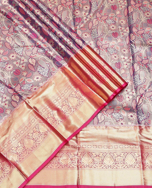 Violet Art Silk Half-Saree, Delicately Woven with Floral Jacquard Design, Contrast Traditional Zari Border, Paired with a Contrast Jacquard Blouse, and an Intricate Dhavani