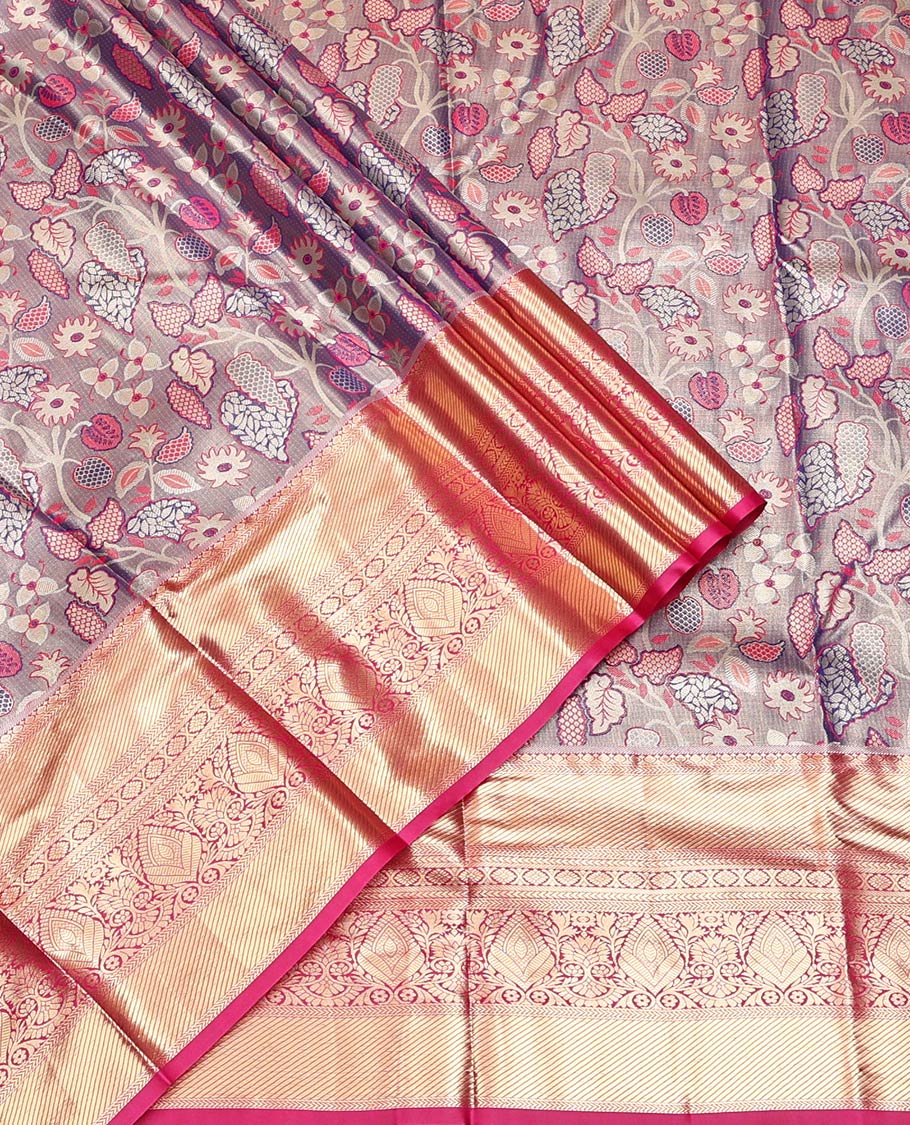 Violet Art Silk Half-Saree, Delicately Woven with Floral Jacquard Design, Contrast Traditional Zari Border, Paired with a Contrast Jacquard Blouse, and an Intricate Dhavani