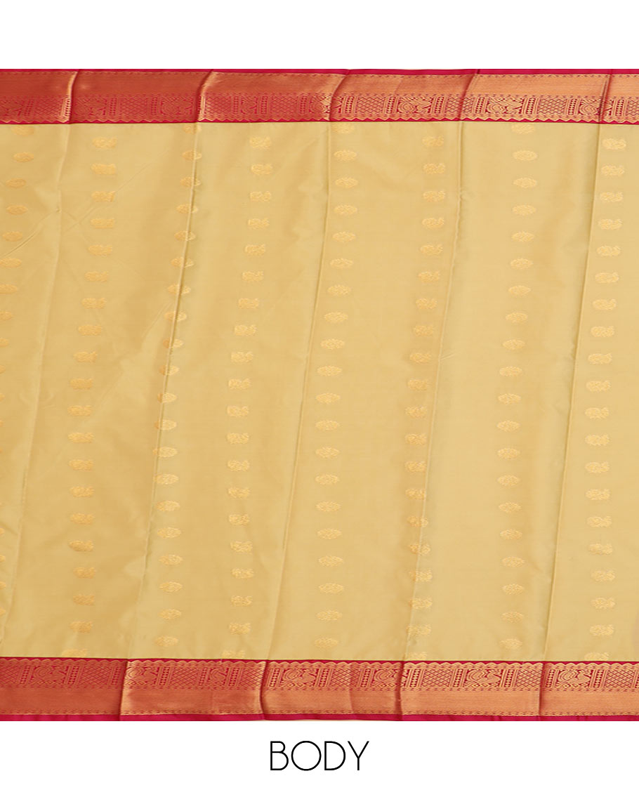 Yellow zari buttas budget silk saree, contrast traditional zari border, and pallu of jaal design