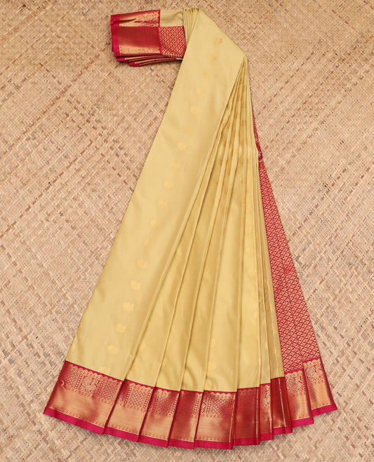 Yellow zari buttas budget silk saree, contrast traditional zari border, and pallu of jaal design
