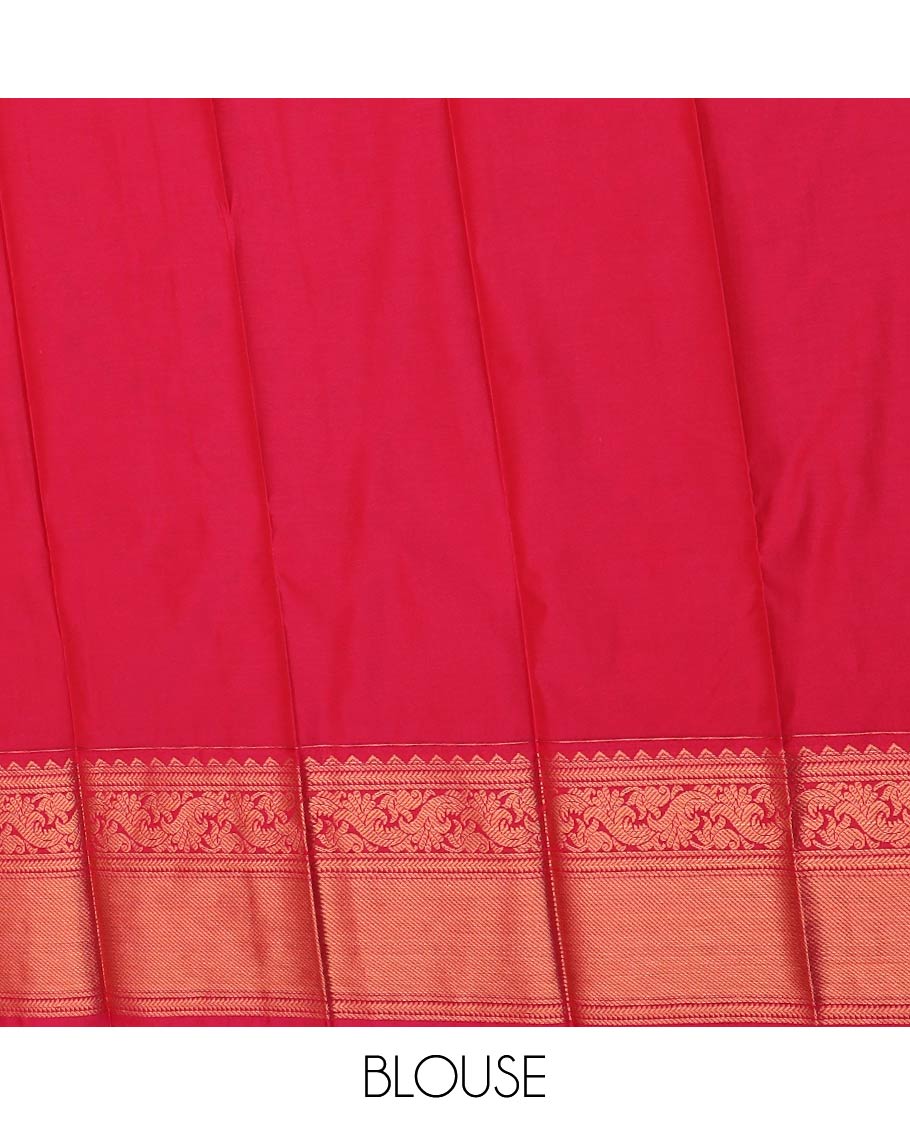 Orange zari butta enclosed micro-checked gift saree, contrast traditional zari border, and jaal pallu