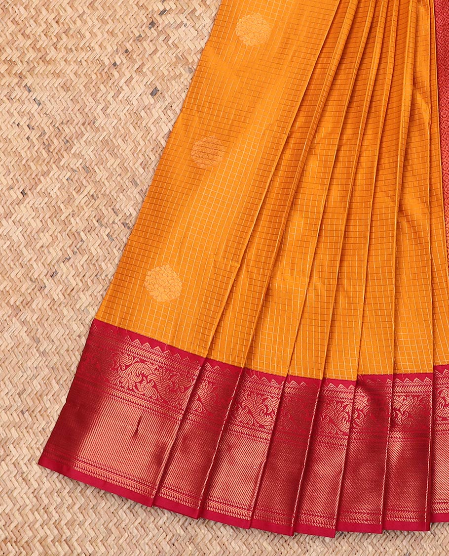 Orange zari butta enclosed micro-checked gift saree, contrast traditional zari border, and jaal pallu