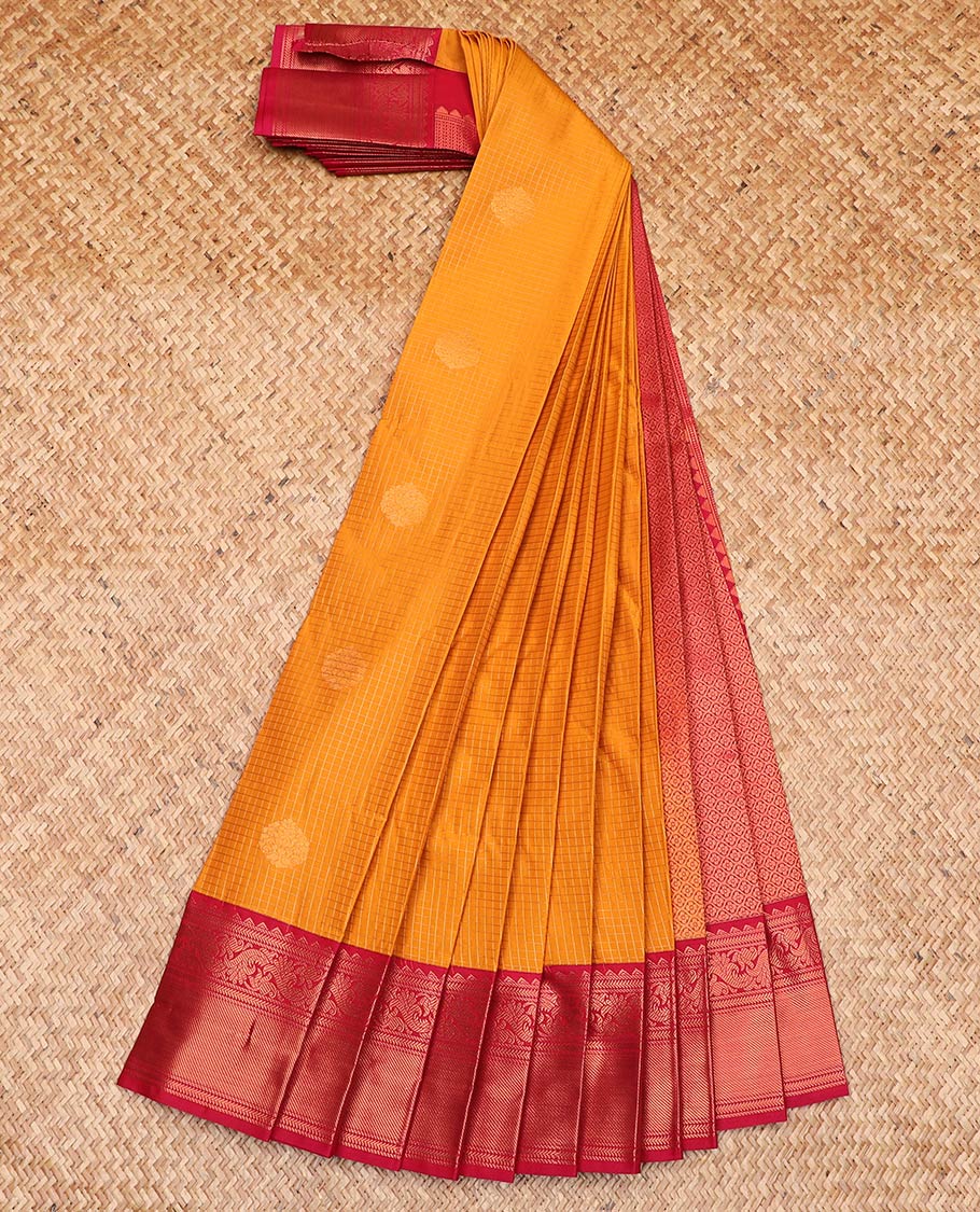 Orange zari butta enclosed micro-checked gift saree, contrast traditional zari border, and jaal pallu