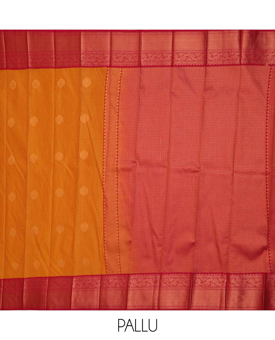 Orange zari butta enclosed micro-checked gift saree, contrast traditional zari border, and jaal pallu