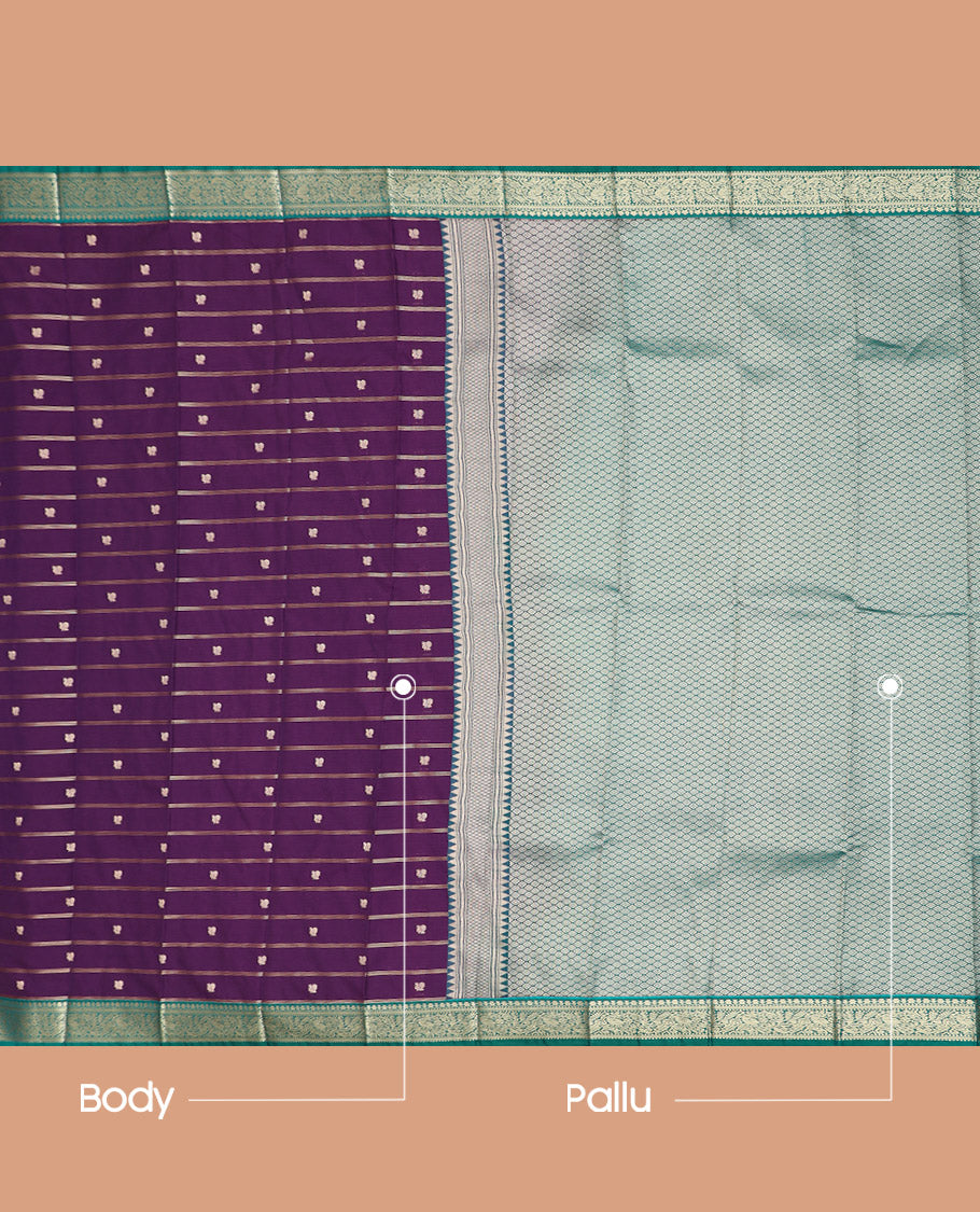 Violet Budget Silk Saree Detailed with Zari Stripes and Peacock Buttas, Complemented by a Contrast Border of Traditional Zari Designs, Subtly Jaal Design Pallu, and Paired with a Contrast Blouse