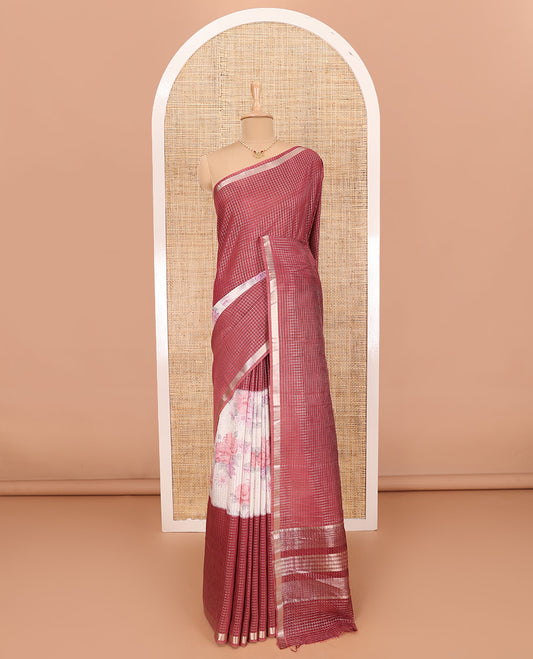 Light Maroon Assam Silk Saree Graced with Micro-Checks and Floral Prints, Featuring a Simple Piping Border, Subtly Woven Pallu with Zari Stripes, Paired with a Matching Checked Blouse