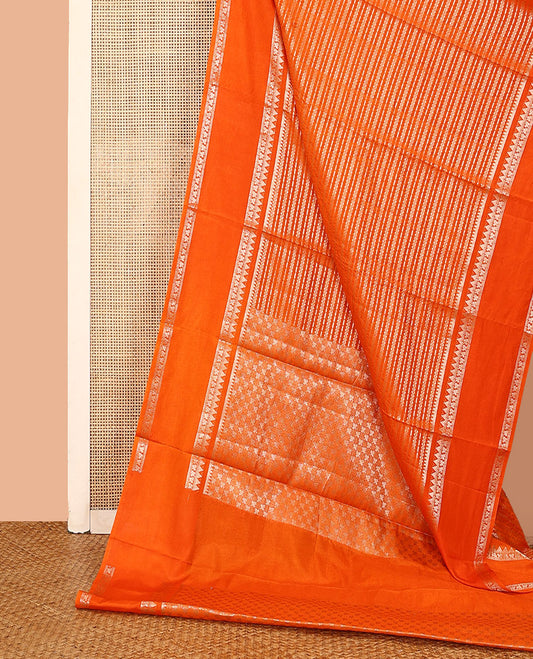 Fanta orange zig-zag stripes with polka dots zari woven assam silk saree, traditional motifs woven double border, and zari design pallu