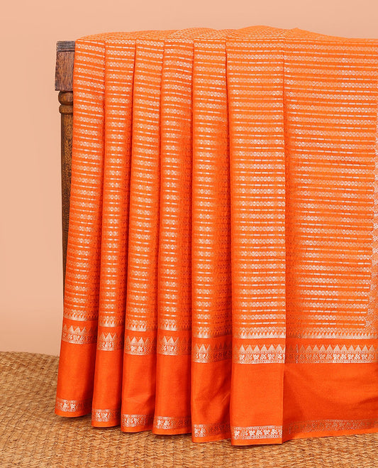 Fanta orange zig-zag stripes with polka dots zari woven assam silk saree, traditional motifs woven double border, and zari design pallu