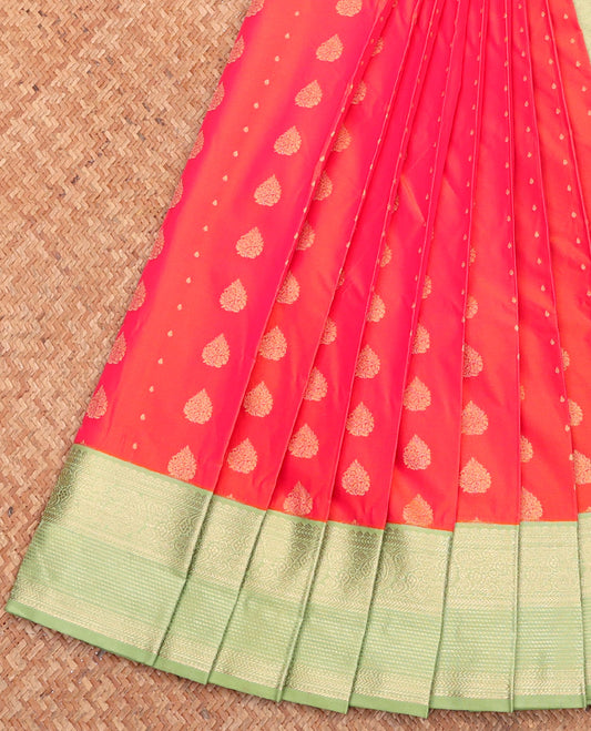 Pink Budget Silk Saree,  Bedecked with Zari Buttas, Complemented by a Contrast Traditional Zari Rettai Pettu Border, Grand Pallu, and Contrast Blouse