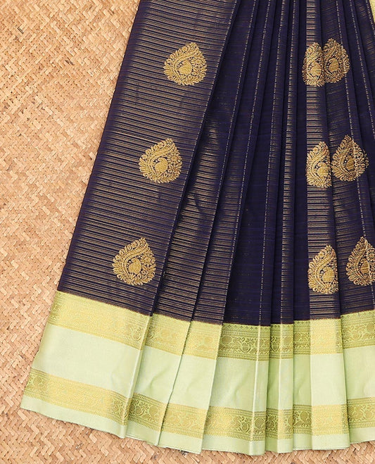 Blue zari buttas, and striped gift saree, contrast traditional zari design rettai pettu border, and intricate pallu
