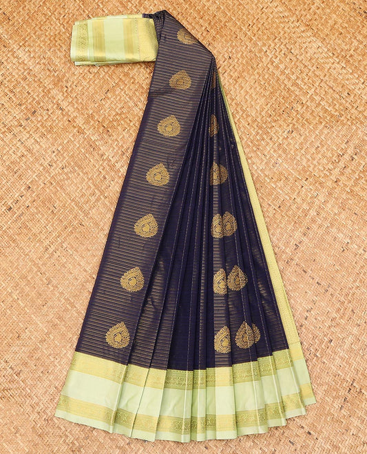 Blue zari buttas, and striped gift saree, contrast traditional zari design rettai pettu border, and intricate pallu