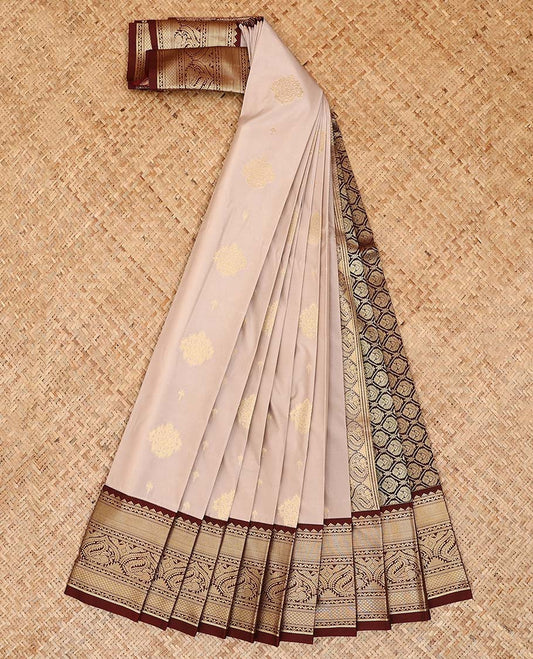 Grey zari buttas gift saree, contrast traditional zari rettai pettu border, and zari-rich jaal pallu