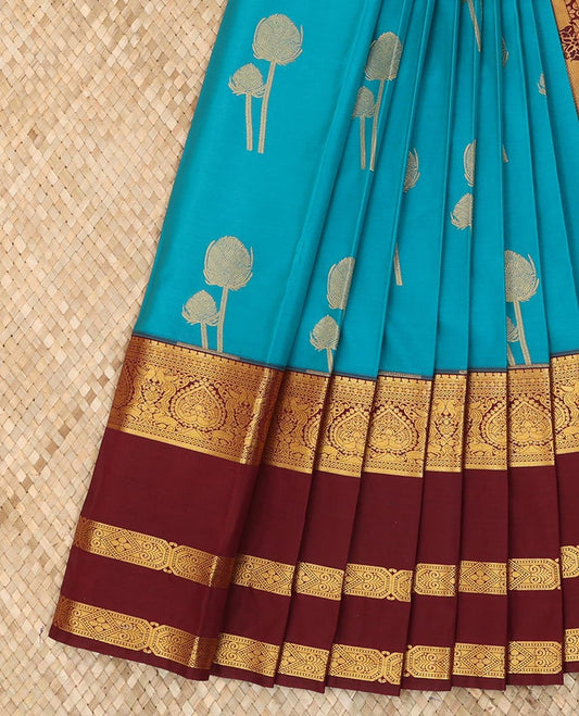 Blue zari buttas budget silk saree, contrast traditional zari design border, and intricately woven pallu