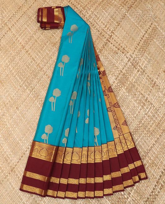 Blue zari buttas budget silk saree, contrast traditional zari design border, and intricately woven pallu
