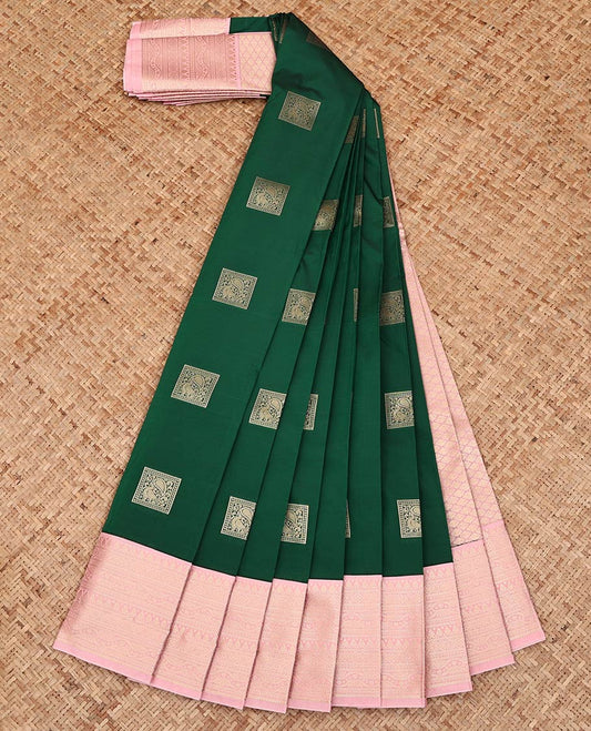 Green Budget Silk Saree, Elevated with Square-Shaped Zari Buttas All Over Its Body, Complemented by a Contrast Traditional Zari Designs Border, Sparsely Woven Pallu of Jaal Designs, and Paired with a Contrast Blouse