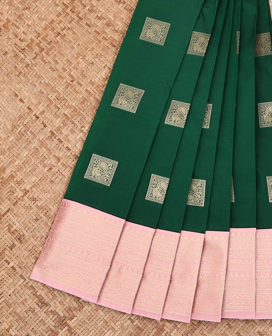 Green Budget Silk Saree, Elevated with Square-Shaped Zari Buttas All Over Its Body, Complemented by a Contrast Traditional Zari Designs Border, Sparsely Woven Pallu of Jaal Designs, and Paired with a Contrast Blouse