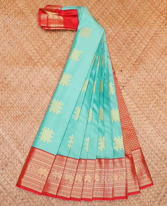 Blue Budget Silk Saree, Decked Up with Kolam Buttas All Over Its Body, Complemented by a Contrast Traditional Zari Design Border, Grand Jaal Design Pallu, and Paired with a Contrast Blouse