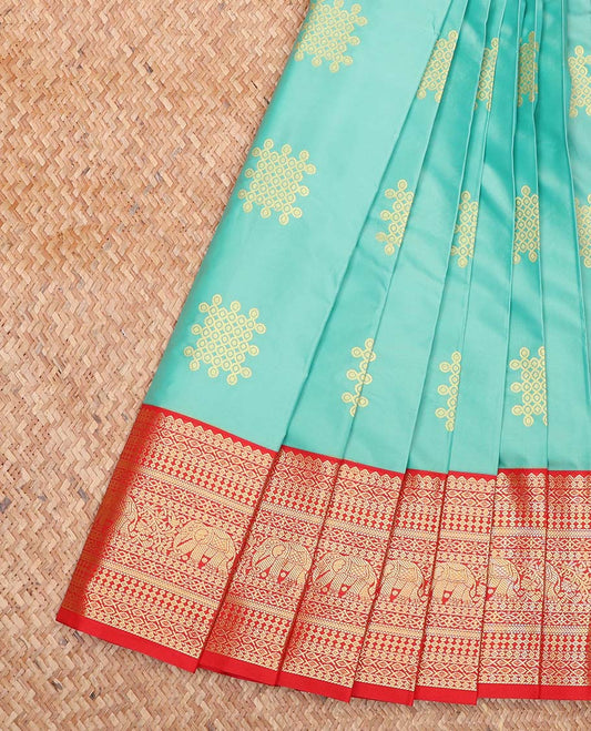 Blue Budget Silk Saree, Decked Up with Kolam Buttas All Over Its Body, Complemented by a Contrast Traditional Zari Design Border, Grand Jaal Design Pallu, and Paired with a Contrast Blouse