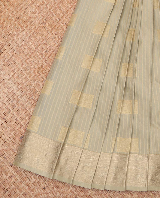 Pale Green Budget Silk Saree, Subtly Adorned with Zari Buttas and Stripes All Over Its Body, Highlighted by Traditional Zari Border, Contrast Grand Jaal Pallu and Paired with a Contrast Blouse