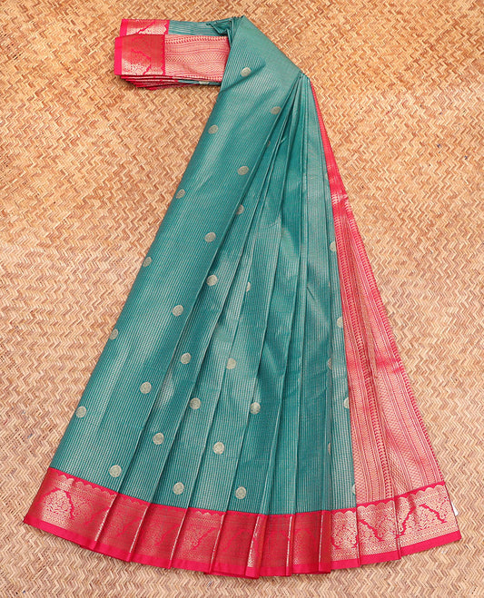 Blue Budget Silk Saree, Showcasing Zari Buttas and Micro-Checks, Complemented by a Contrast Traditional Border, Geometric Patterned Pallu, and a Contrast Blouse