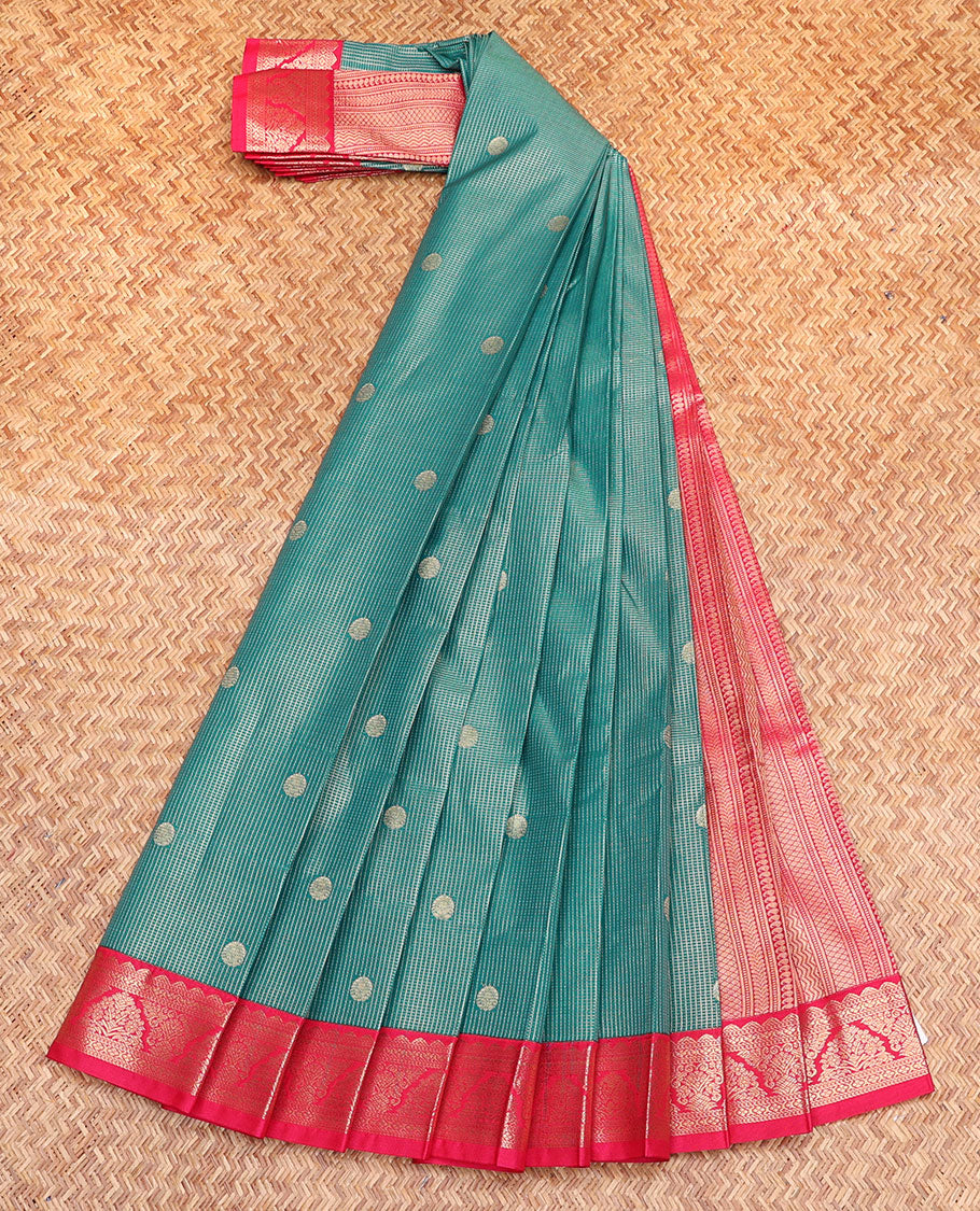 Blue Budget Silk Saree, Showcasing Zari Buttas and Micro-Checks, Complemented by a Contrast Traditional Border, Geometric Patterned Pallu, and a Contrast Blouse