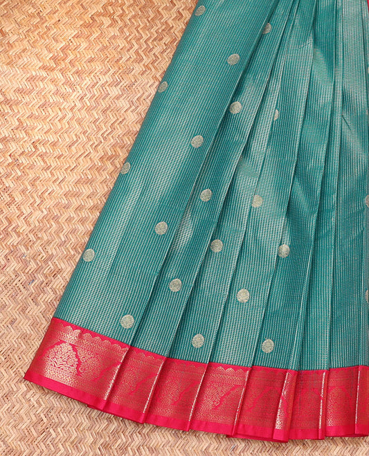 Blue Budget Silk Saree, Showcasing Zari Buttas and Micro-Checks, Complemented by a Contrast Traditional Border, Geometric Patterned Pallu, and a Contrast Blouse