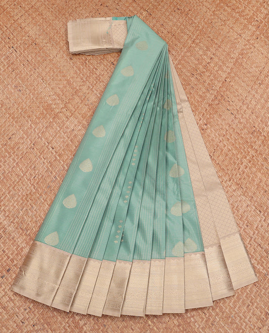 Pale Blue Budget Silk Saree, Subtly Sparkled with Zari Buttas and Stripes, Complemented by Contrast Traditional Zari Border, Jaal Pallu, and a Contrast Blouse