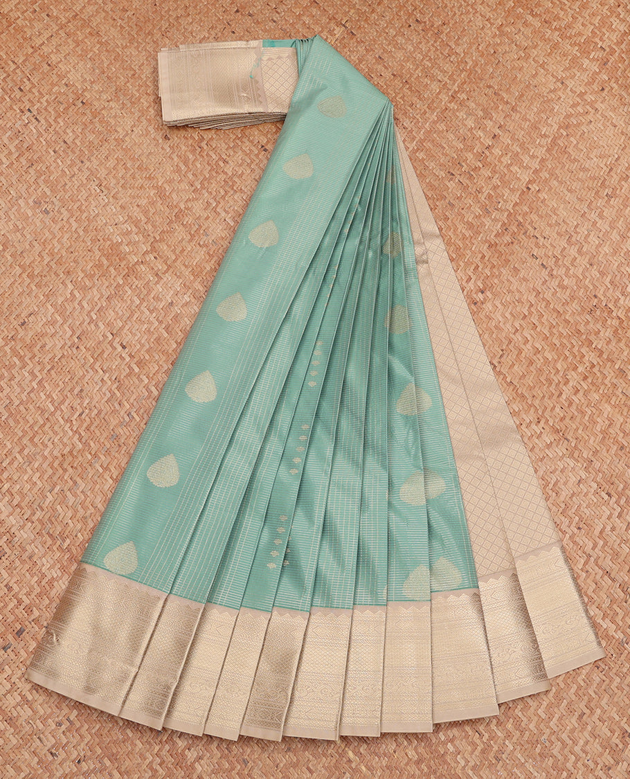 Pale Blue Budget Silk Saree, Subtly Sparkled with Zari Buttas and Stripes, Complemented by Contrast Traditional Zari Border, Jaal Pallu, and a Contrast Blouse