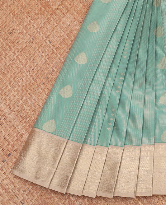 Pale Blue Budget Silk Saree, Subtly Sparkled with Zari Buttas and Stripes, Complemented by Contrast Traditional Zari Border, Jaal Pallu, and a Contrast Blouse