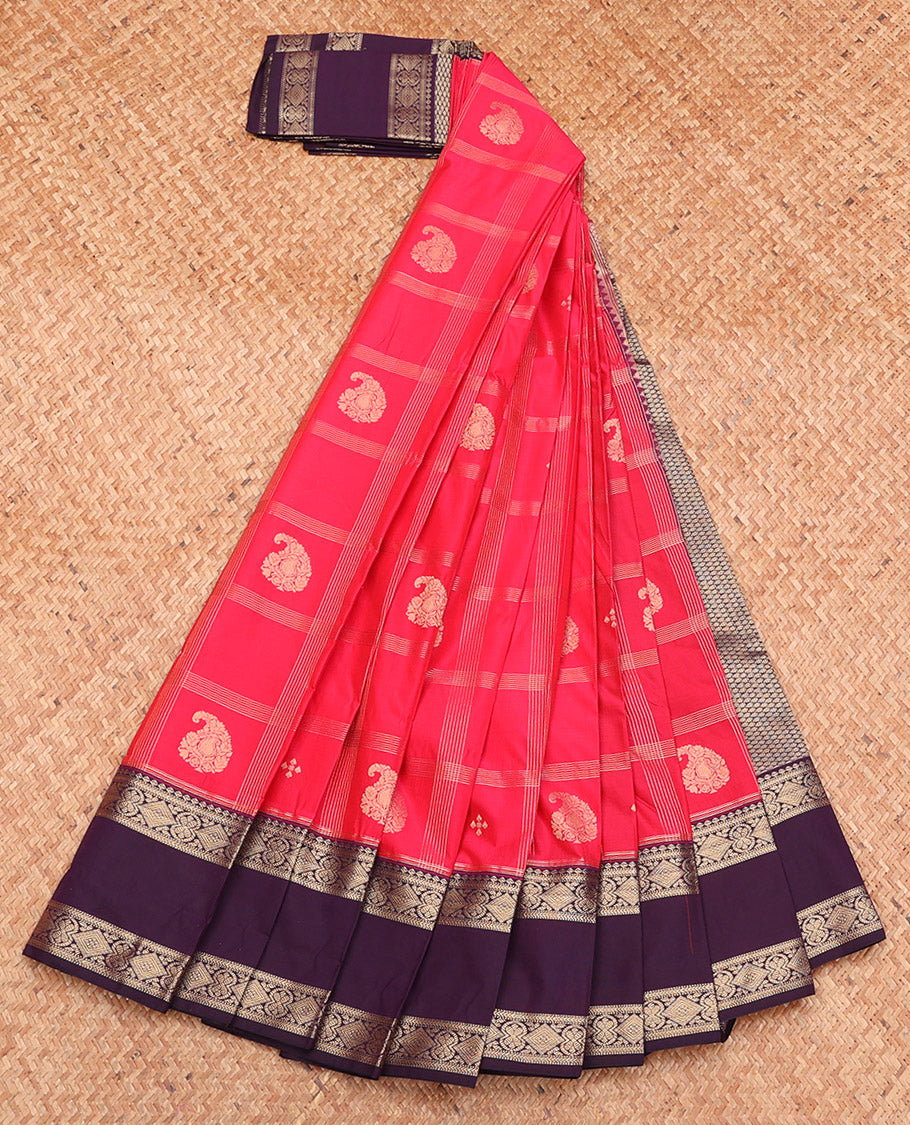 Pink Budget Silk Saree, Detailed with Zari Butta Enclosed Checks, Complemented by a Contrast Traditional Zari Rettai Pettu Border, Grand Pallu, and a Contrast Blouse