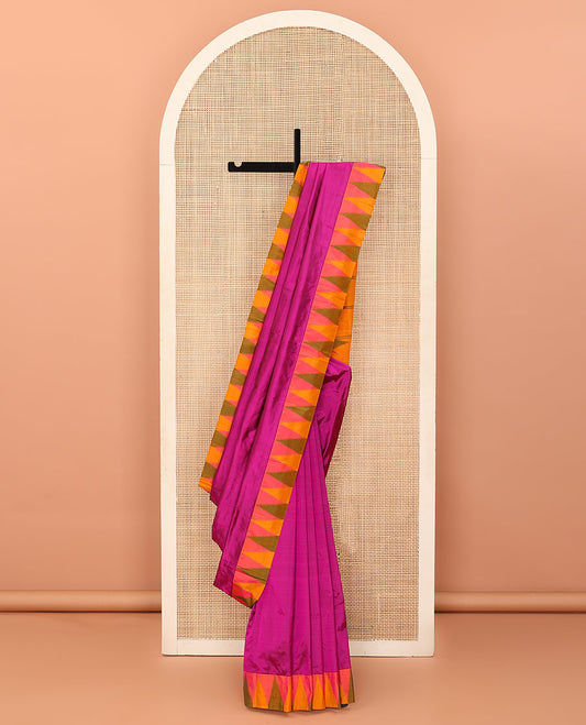 Pink plain Bangalore silk saree, contrast temple border, and pallu of stripes