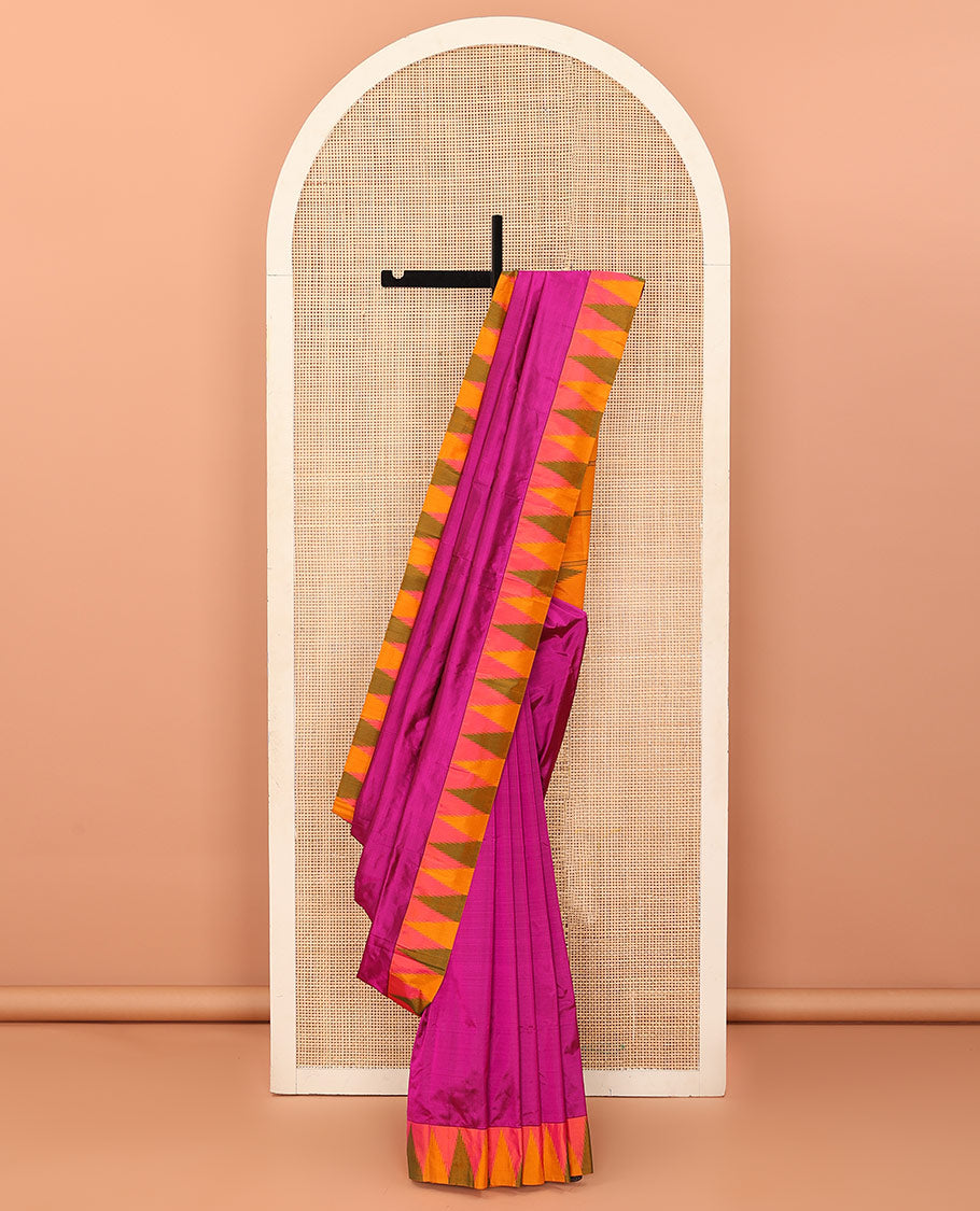 Pink plain Bangalore silk saree, contrast temple border, and pallu of stripes