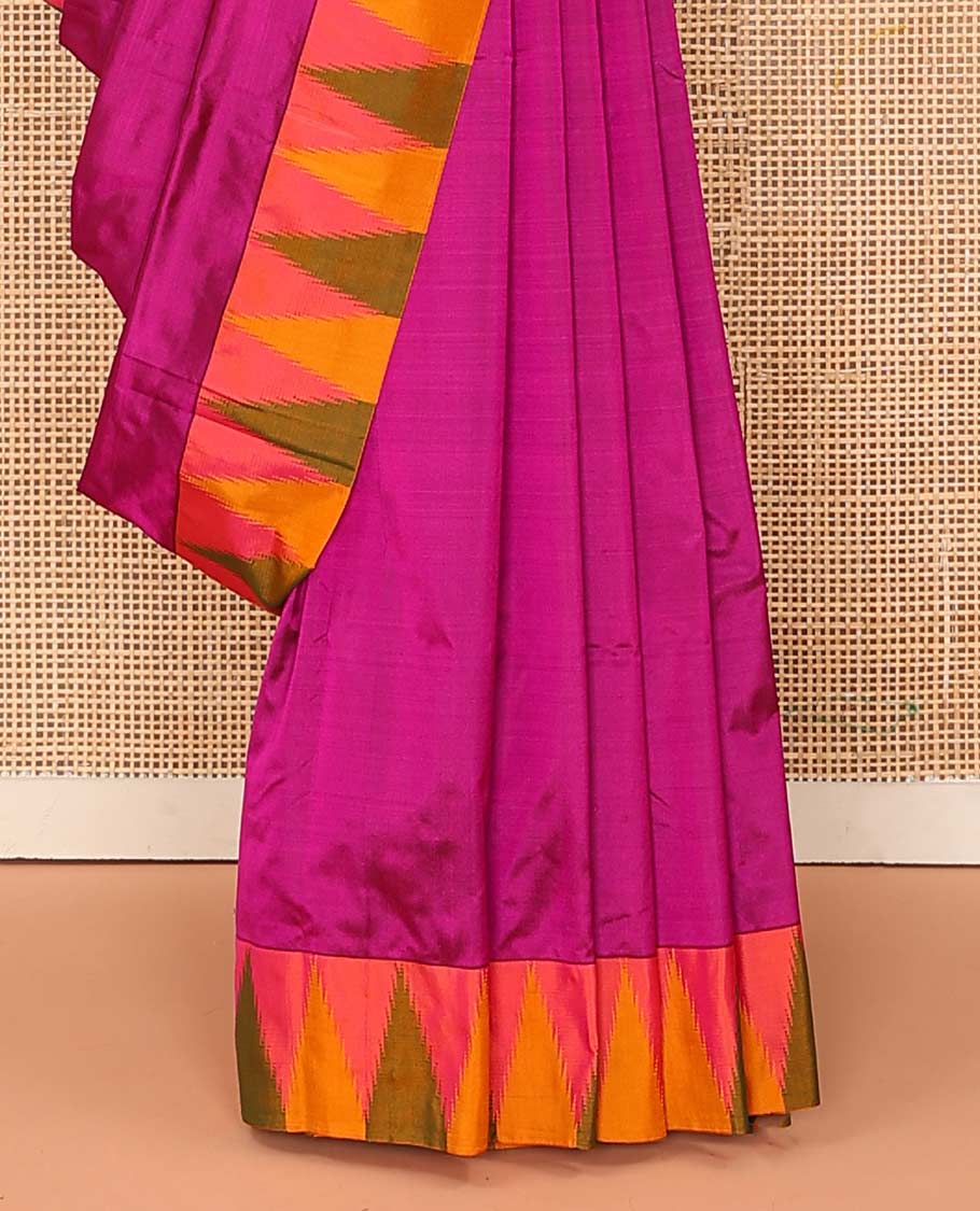 Pink plain Bangalore silk saree, contrast temple border, and pallu of stripes