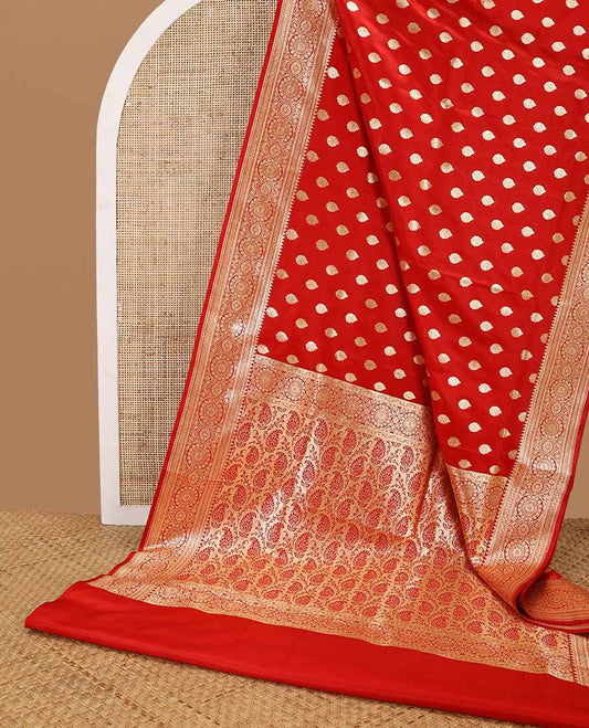 Red floral buttas semi banaras nylon saree with self floral zari design border & paisley design pallu