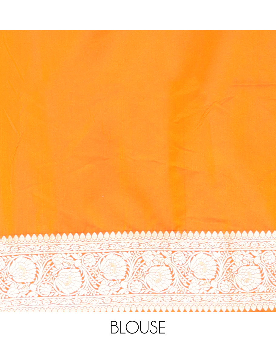 Orange floral jacquard semi banarasi satin, floral creeper zari border & pallu of intricate designs
