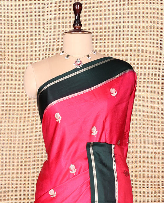 Pink Satin Silk Saree, Bedecked with Floral Buttas, Complemented by a Contrast Border, Intricately Designed Pallu, and a Contrast Blouse