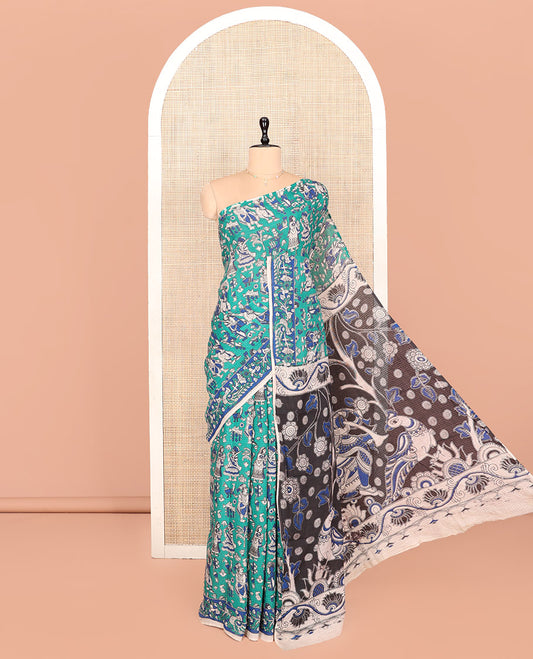 Borderless Turquoise Kalamkari Cotton Saree Features Human Motifs Print, Contrast Ancient Human Printed Kalamkari Pallu, and a Contrast Blouse