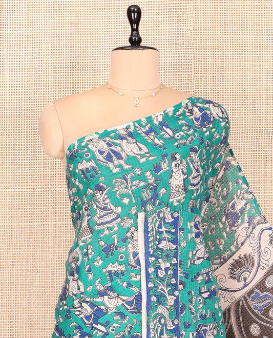 Borderless Turquoise Kalamkari Cotton Saree Features Human Motifs Print, Contrast Ancient Human Printed Kalamkari Pallu, and a Contrast Blouse