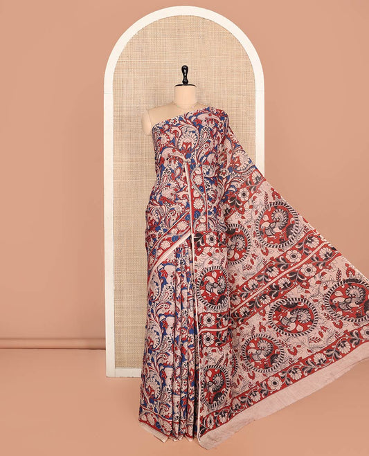 Multi-color Machine-Printed Kalamkari Cotton Saree, Adorned with Intricate Floral Motifs, a Floral Creeper Border, Kalamkari Printed Pallu, and a Contrast Blouse