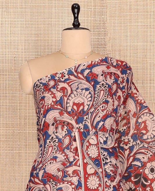 Multi-color Machine-Printed Kalamkari Cotton Saree, Adorned with Intricate Floral Motifs, a Floral Creeper Border, Kalamkari Printed Pallu, and a Contrast Blouse