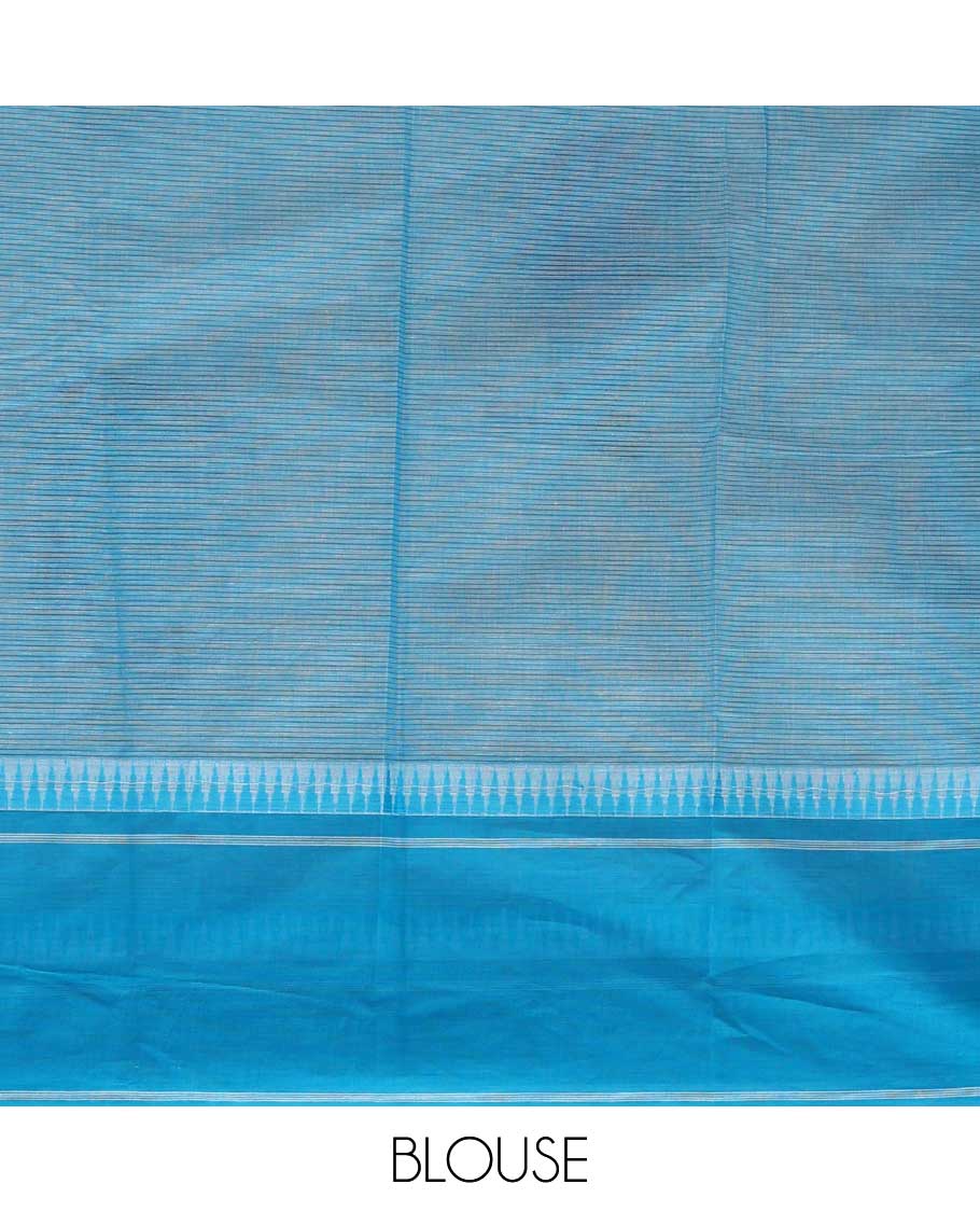 Beige human motifs printed striped chirala cotton saree, contrast blue temple border of chevron design & pallu of geometric & human motifs