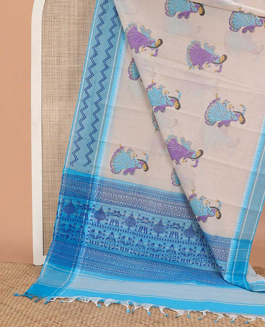 Beige human motifs printed striped chirala cotton saree, contrast blue temple border of chevron design & pallu of geometric & human motifs