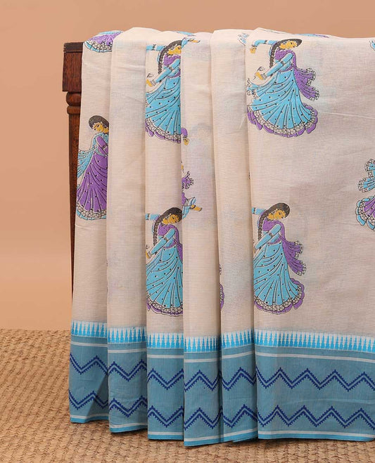 Beige human motifs printed striped chirala cotton saree, contrast blue temple border of chevron design & pallu of geometric & human motifs