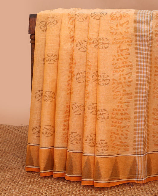 Orange striped & floral motifs printed Bengal cotton saree, temple border & printed pallu