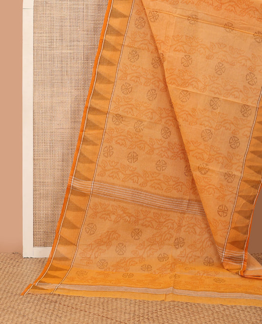 Orange striped & floral motifs printed Bengal cotton saree, temple border & printed pallu